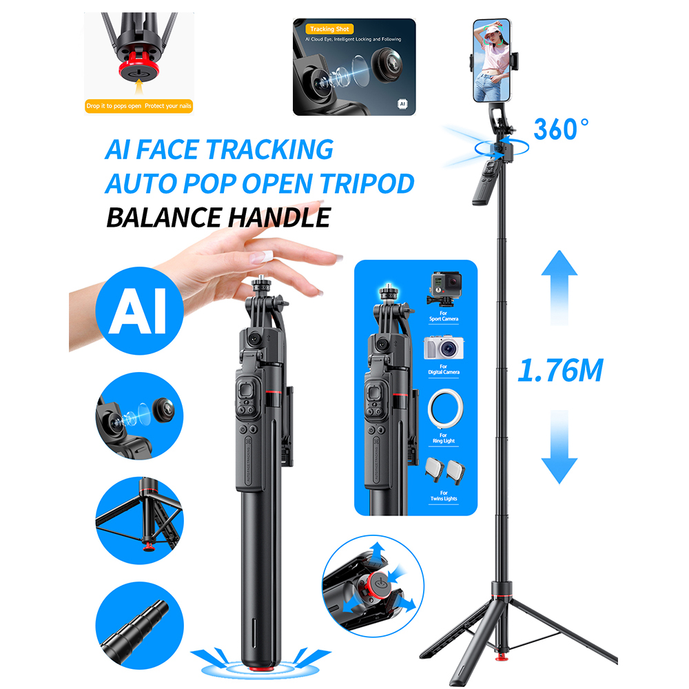Auto Tracking Tripod - AI Gimbal-statief Springende Selfie Stick 360°